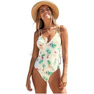 Cupshe White Flamingo Palm Tree One Piece Swimsuit Women's S